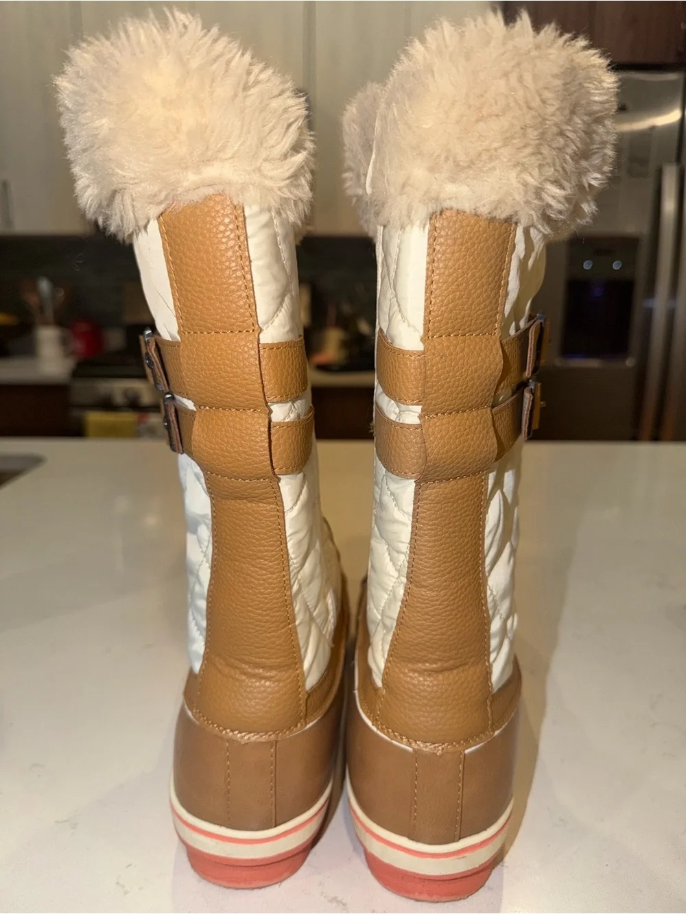 Faux Fur Lace-Up Winter Boots in Tan and Cream